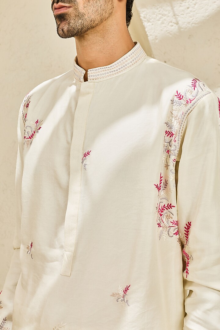 Rose Pink Chanderi Silk Thread Embroidered Nehru Jacket Set by Sarab Khanijou at Pernia's Pop Up Shop