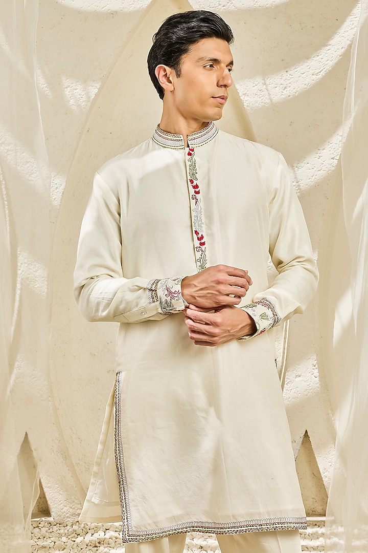 Red Chanderi Silk Thread Embroidered Nehru Jacket Set by Sarab Khanijou at Pernia's Pop Up Shop