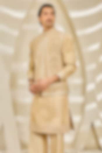 Beige Chanderi Silk Thread Embroidered Nehru Jacket Set by Sarab Khanijou at Pernia's Pop Up Shop