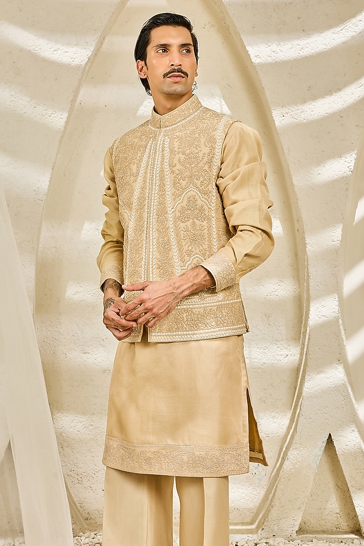 Beige Chanderi Silk Thread Embroidered Nehru Jacket Set by Sarab Khanijou at Pernia's Pop Up Shop
