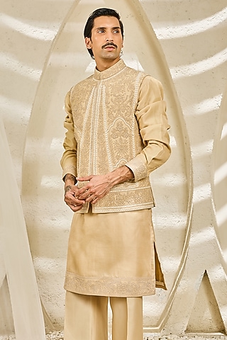 Beige Chanderi Silk Thread Embroidered Nehru Jacket Set by Sarab Khanijou