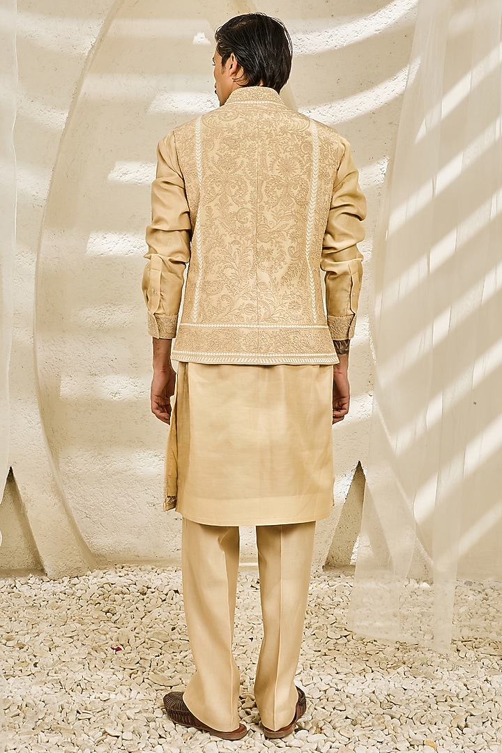 Beige Chanderi Silk Thread Embroidered Nehru Jacket Set by Sarab Khanijou at Pernia's Pop Up Shop