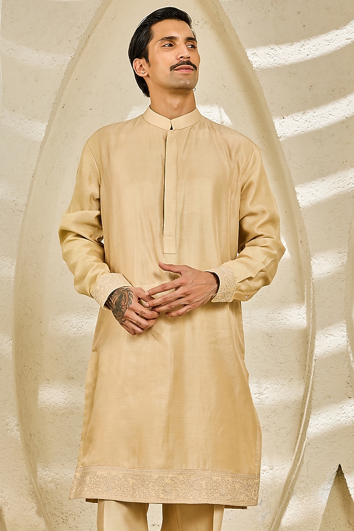 Beige Chanderi Silk Thread Embroidered Nehru Jacket Set by Sarab Khanijou at Pernia's Pop Up Shop