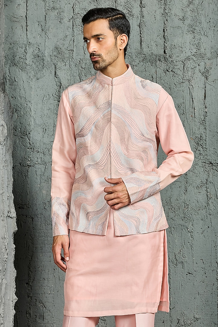 Forest Green Chanderi Silk Thread Embroidered Nehru Jacket Set by Sarab Khanijou at Pernia's Pop Up Shop