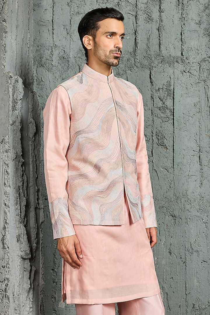 Forest Green Chanderi Silk Thread Embroidered Nehru Jacket Set by Sarab Khanijou at Pernia's Pop Up Shop