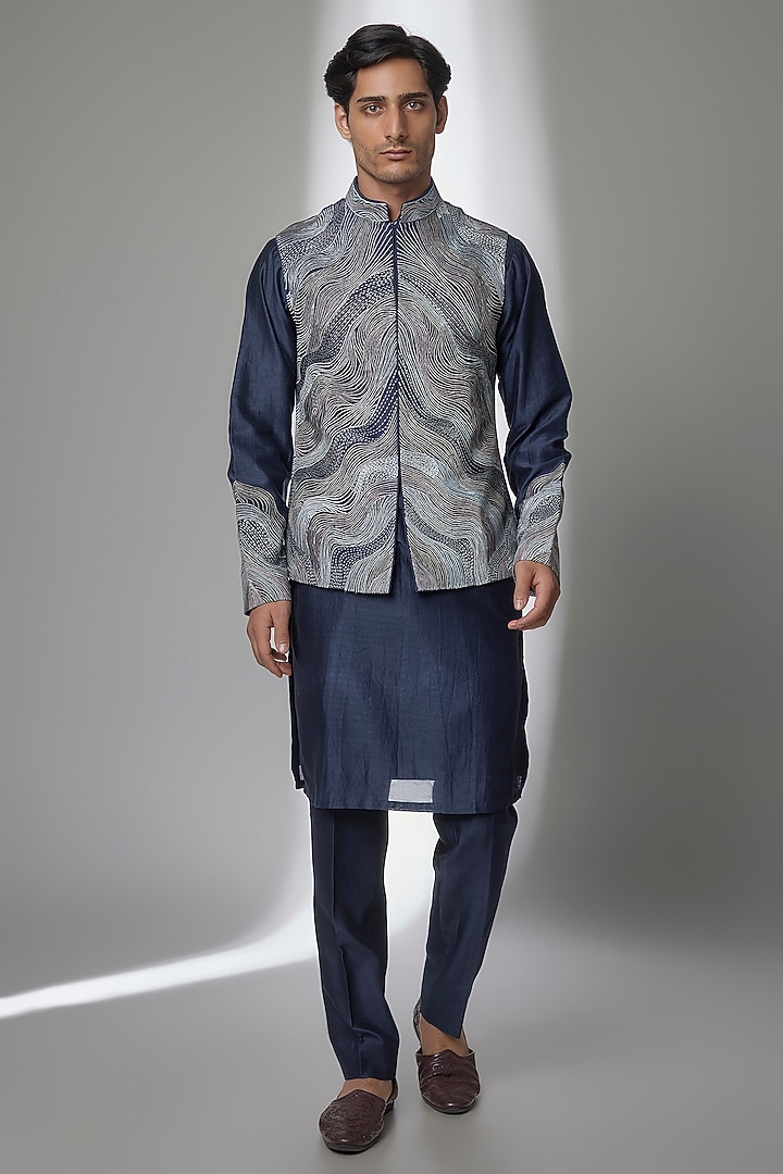 Midnight Blue Chanderi Silk Bundi Jacket Set by Sarab Khanijou at Pernia's Pop Up Shop