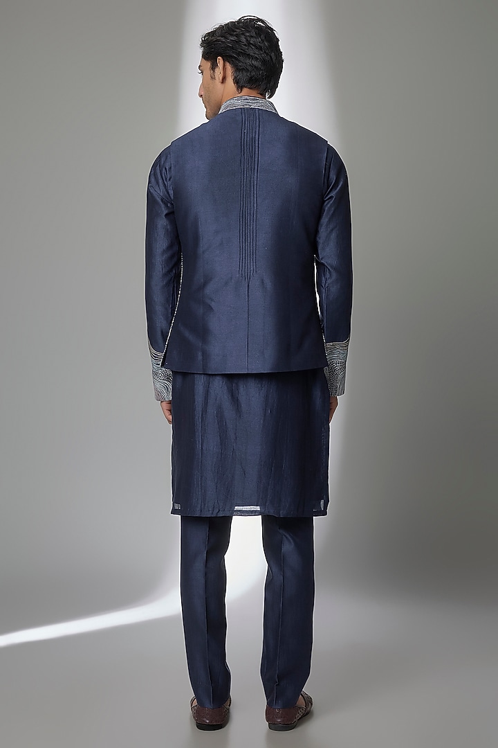 Midnight Blue Chanderi Silk Bundi Jacket Set by Sarab Khanijou at Pernia's Pop Up Shop