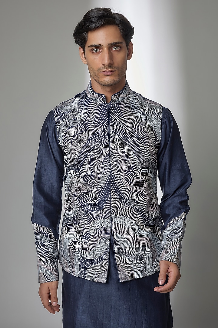 Midnight Blue Chanderi Silk Bundi Jacket Set by Sarab Khanijou at Pernia's Pop Up Shop
