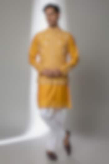 Mustard Yellow Chanderi Silk Bundi Jacket Set by Sarab Khanijou at Pernia's Pop Up Shop