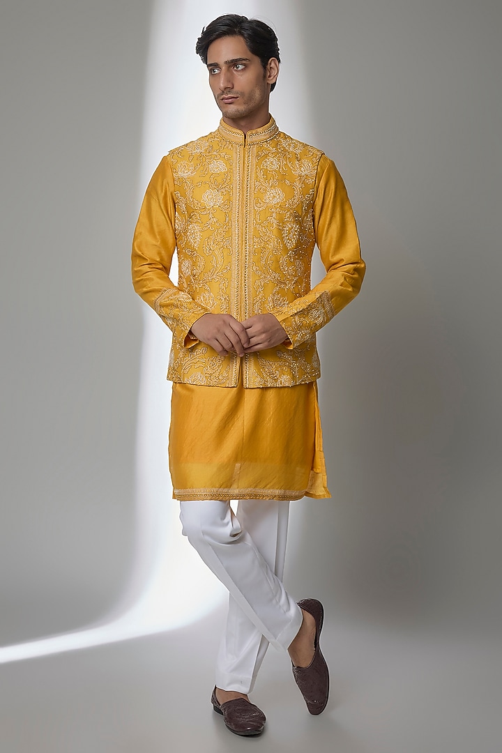 Mustard Yellow Chanderi Silk Bundi Jacket Set by Sarab Khanijou at Pernia's Pop Up Shop