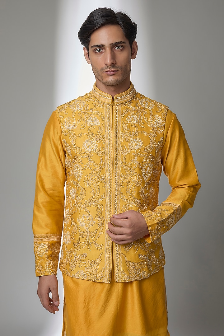 Mustard Yellow Chanderi Silk Bundi Jacket Set by Sarab Khanijou at Pernia's Pop Up Shop