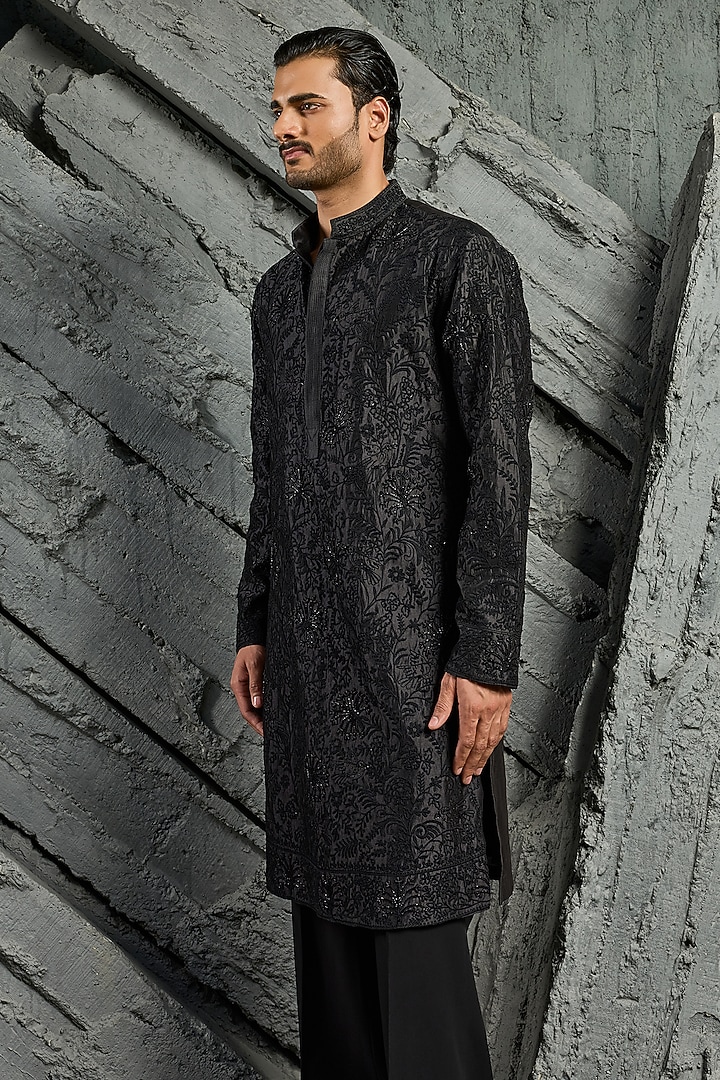 Black Chanderi Silk Cutdana Embroidered Kurta Set by Sarab Khanijou at Pernia's Pop Up Shop