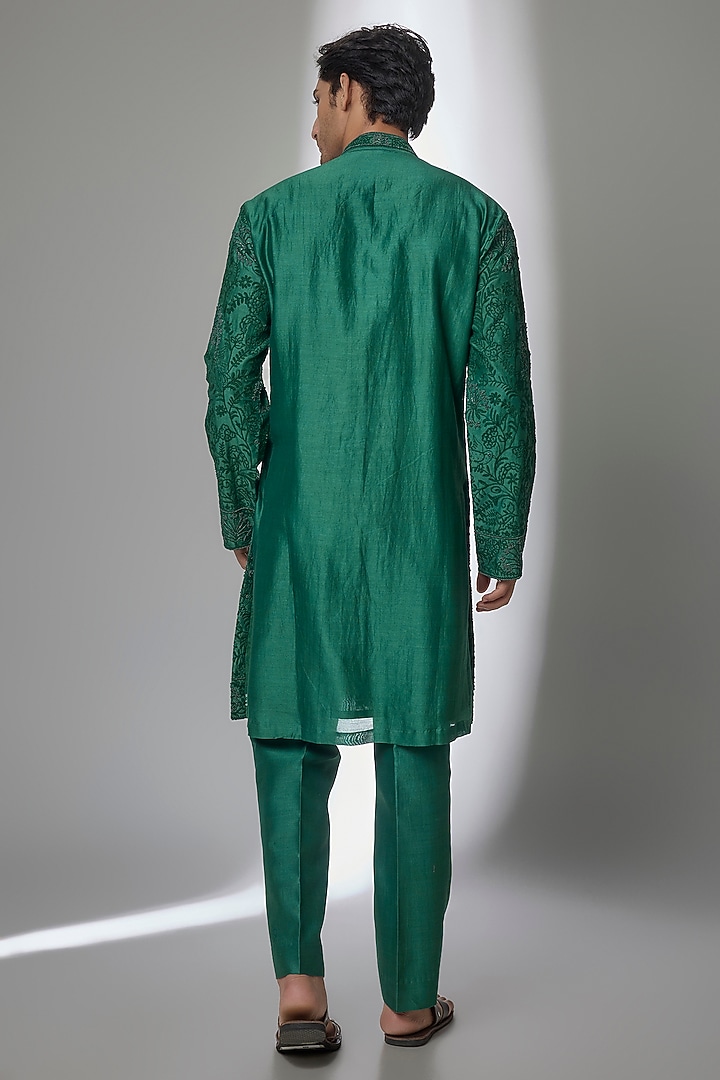 Forest Green Chanderi Silk Kurta Set by Sarab Khanijou at Pernia's Pop Up Shop
