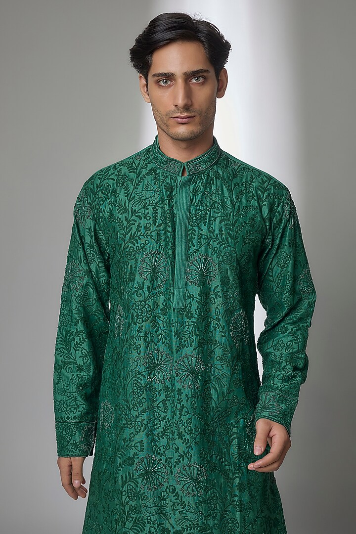 Forest Green Chanderi Silk Kurta Set by Sarab Khanijou at Pernia's Pop Up Shop