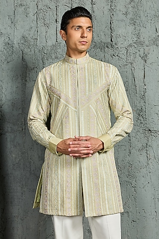 Mint Green Chanderi Silk Thread Embroidered Kurta Set by Sarab Khanijou