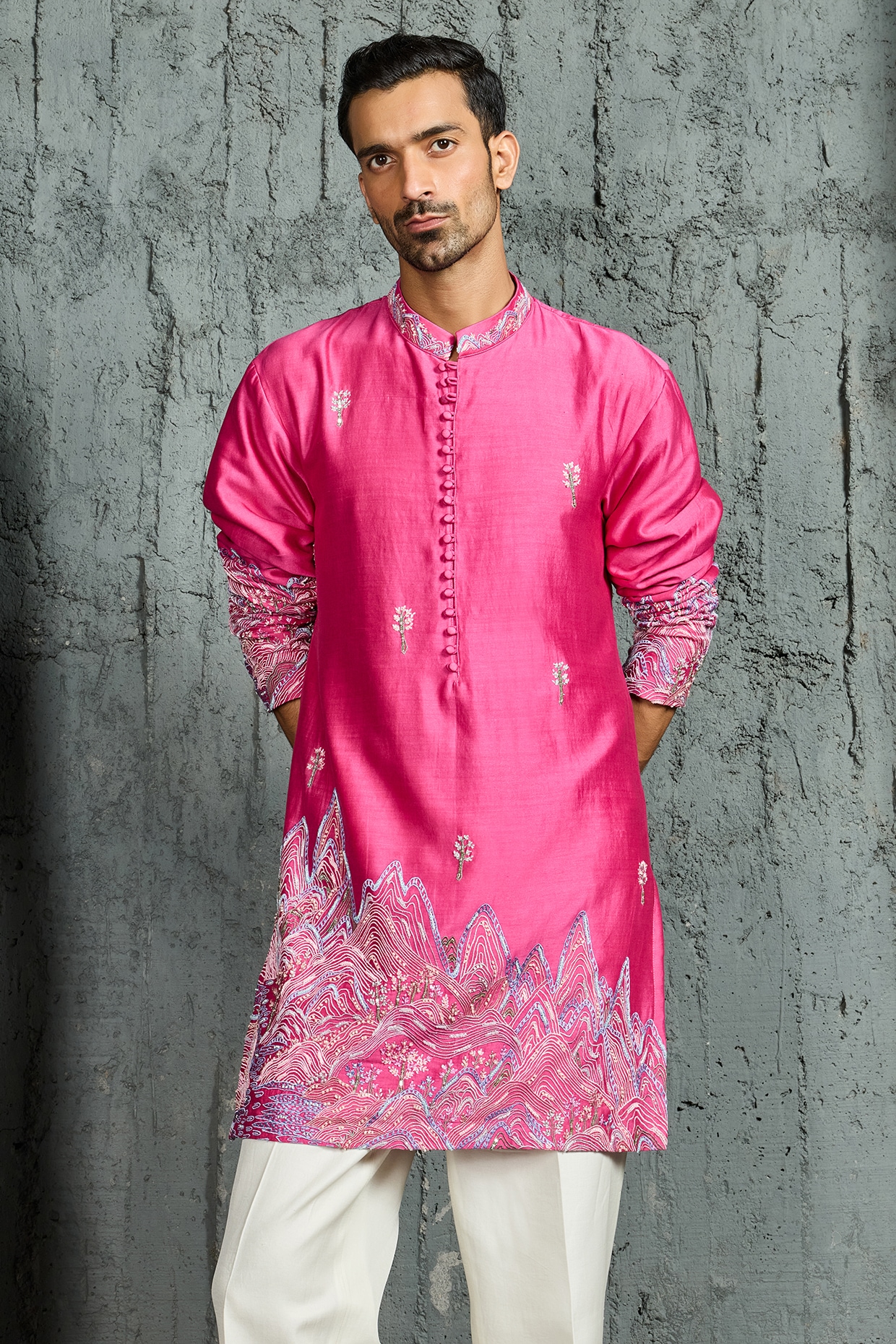 Sarab Khanijou Pink Chanderi Silk Thread Embroidered Kurta Set