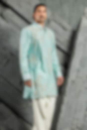 Turquoise Chanderi Silk Moti Embroidered Kurta Set by Sarab Khanijou at Pernia's Pop Up Shop