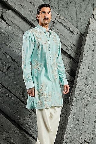 Turquoise Chanderi Silk Moti Embroidered Kurta Set by Sarab Khanijou