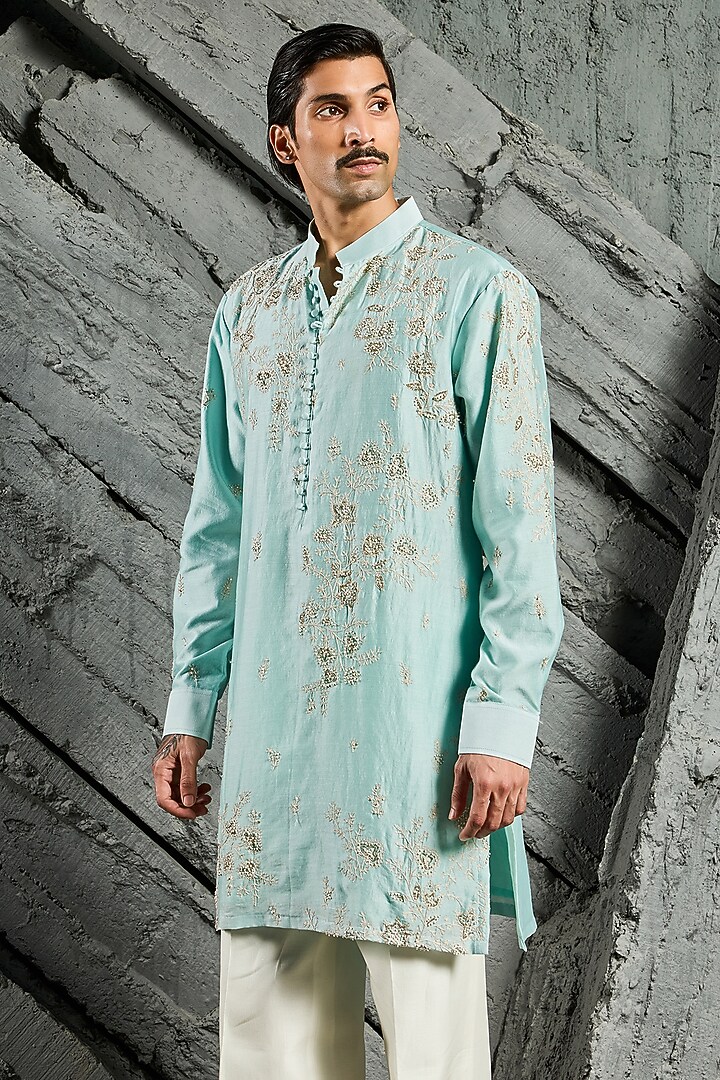 Turquoise Chanderi Silk Moti Embroidered Kurta Set by Sarab Khanijou at Pernia's Pop Up Shop