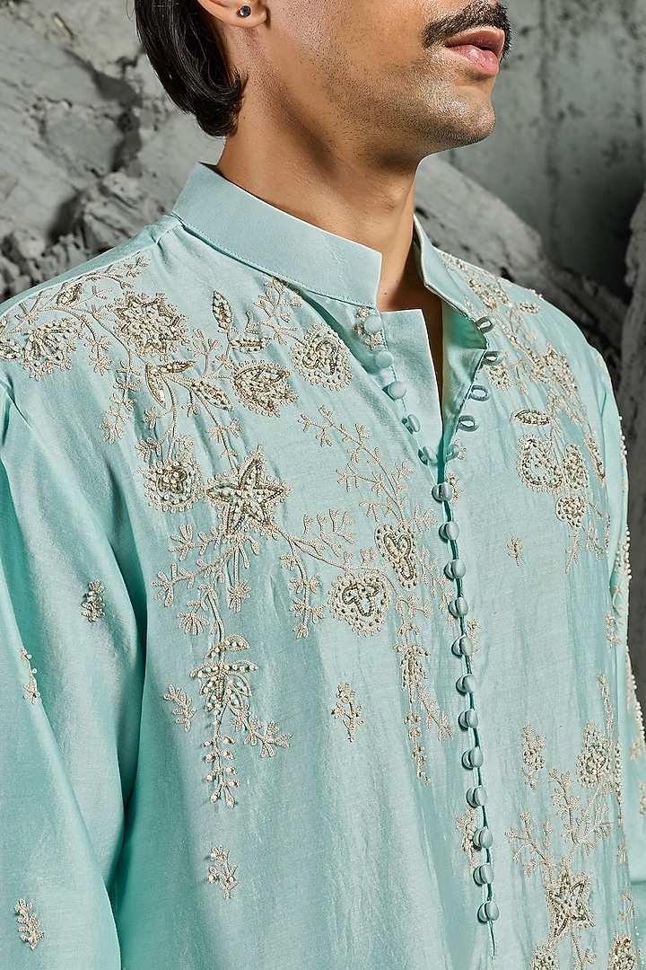 Turquoise Chanderi Silk Moti Embroidered Kurta Set by Sarab Khanijou at Pernia's Pop Up Shop