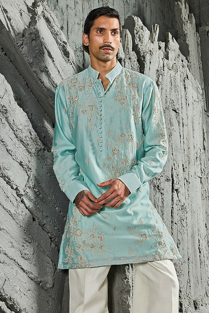 Turquoise Chanderi Silk Moti Embroidered Kurta Set by Sarab Khanijou at Pernia's Pop Up Shop