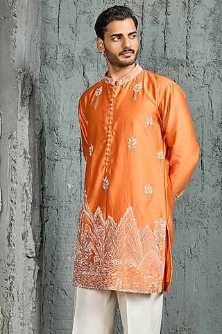 Orange Chanderi Silk Thread Embroidered Kurta Set by Sarab Khanijou