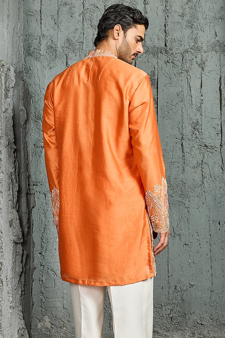 Orange Chanderi Silk Thread Embroidered Kurta Set by Sarab Khanijou at Pernia's Pop Up Shop