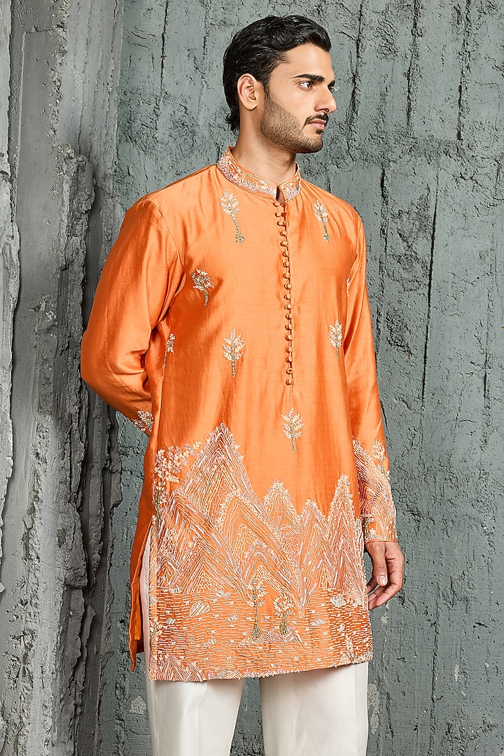 Orange Chanderi Silk Thread Embroidered Kurta Set by Sarab Khanijou at Pernia's Pop Up Shop