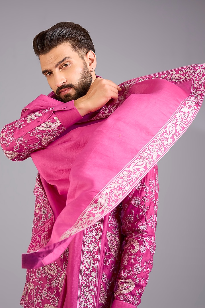Pink Chanderi Silk Cutdana Embroidered Kurta Set by Sarab Khanijou at Pernia's Pop Up Shop