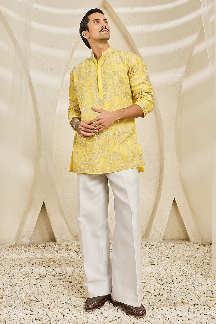 Yellow Chanderi Silk Cutdana Embroidered Kurta Set by Sarab Khanijou at Pernia's Pop Up Shop