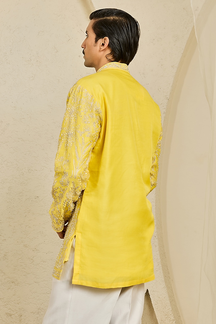 Yellow Chanderi Silk Cutdana Embroidered Kurta Set by Sarab Khanijou at Pernia's Pop Up Shop