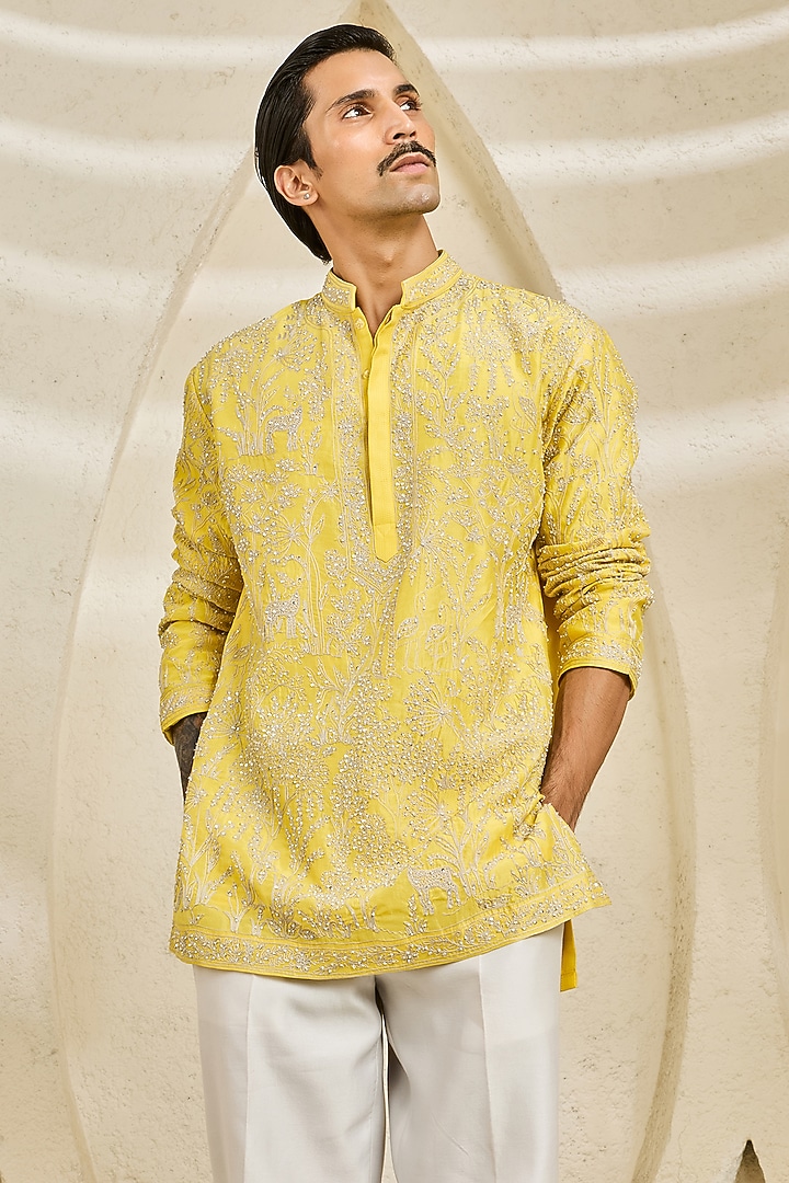 Yellow Chanderi Silk Cutdana Embroidered Kurta Set by Sarab Khanijou at Pernia's Pop Up Shop