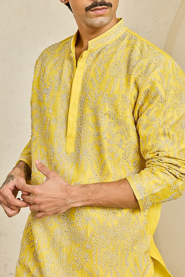 Yellow Chanderi Silk Cutdana Embroidered Kurta Set by Sarab Khanijou at Pernia's Pop Up Shop
