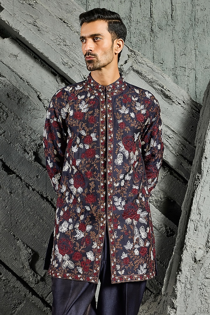 Blue Chanderi Silk Thread Embroidered Kurta Set by Sarab Khanijou at Pernia's Pop Up Shop