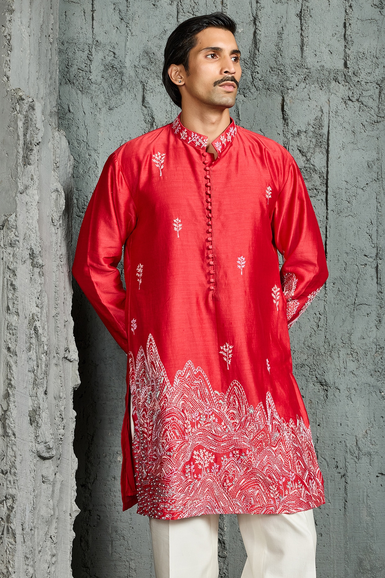 Sarab Khanijou Red Chanderi Silk Thread Embroidered Kurta Set