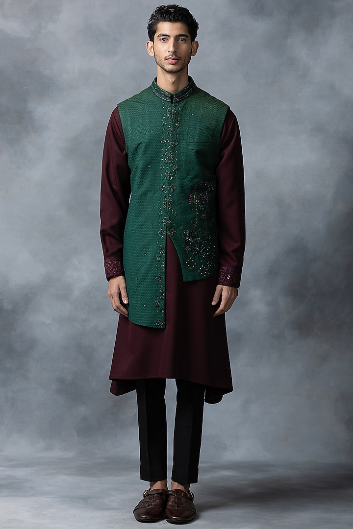 Dark Green Raw Silk & Crepe Embroidered Waistcoat Set by Sarab Khanijou