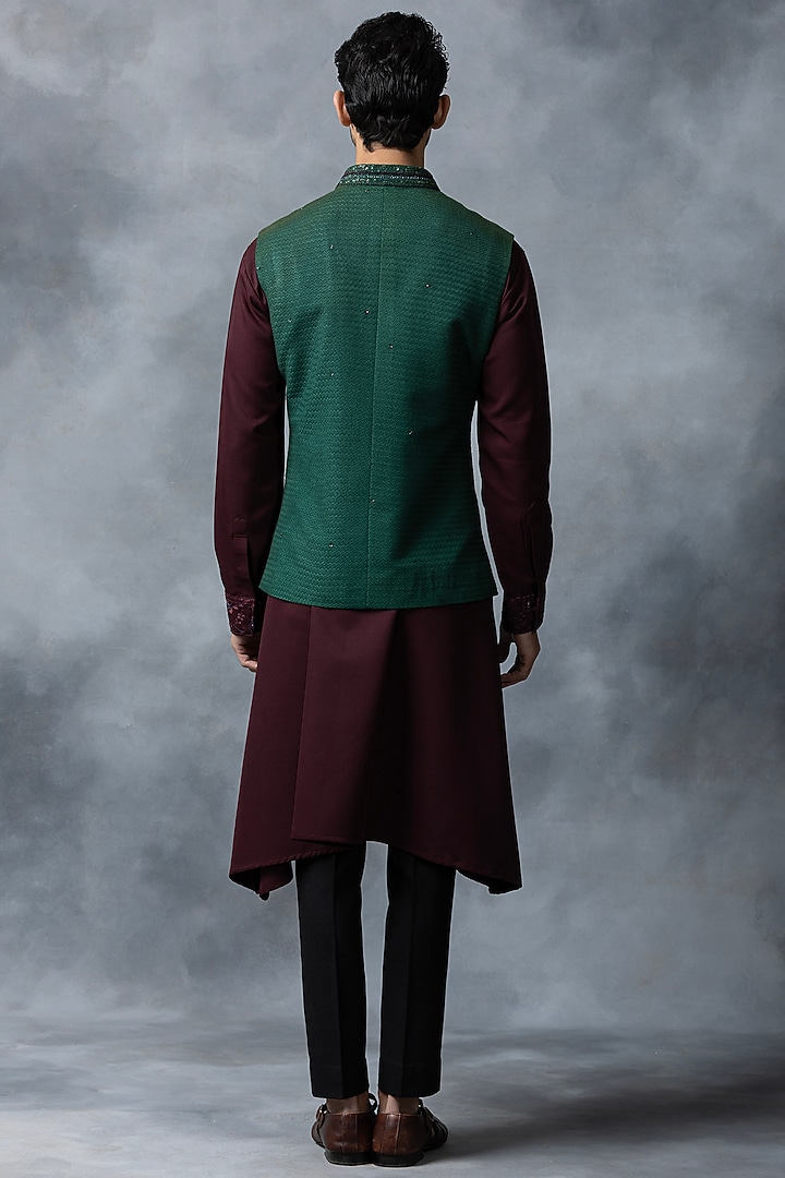 Dark Green Raw Silk & Crepe Embroidered Nehru Set by Sarab Khanijou at Pernia's Pop Up Shop