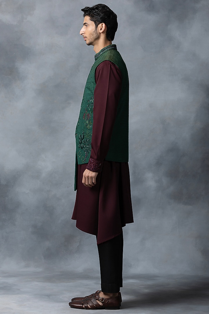Dark Green Raw Silk & Crepe Embroidered Nehru Set by Sarab Khanijou at Pernia's Pop Up Shop