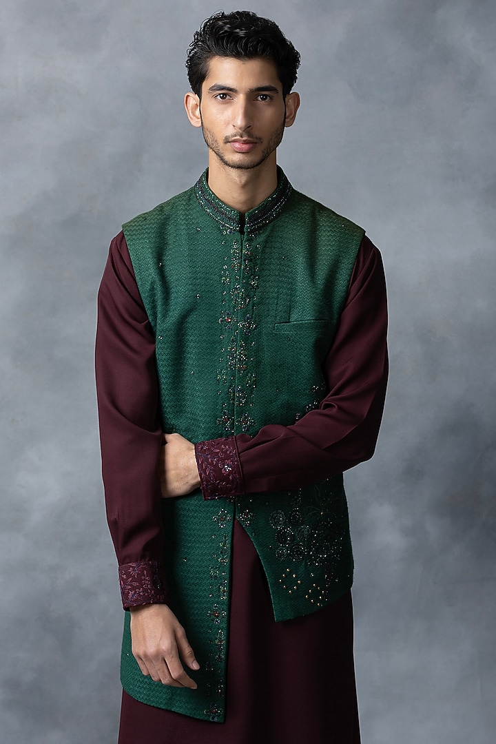 Dark Green Raw Silk & Crepe Embroidered Nehru Set by Sarab Khanijou at Pernia's Pop Up Shop