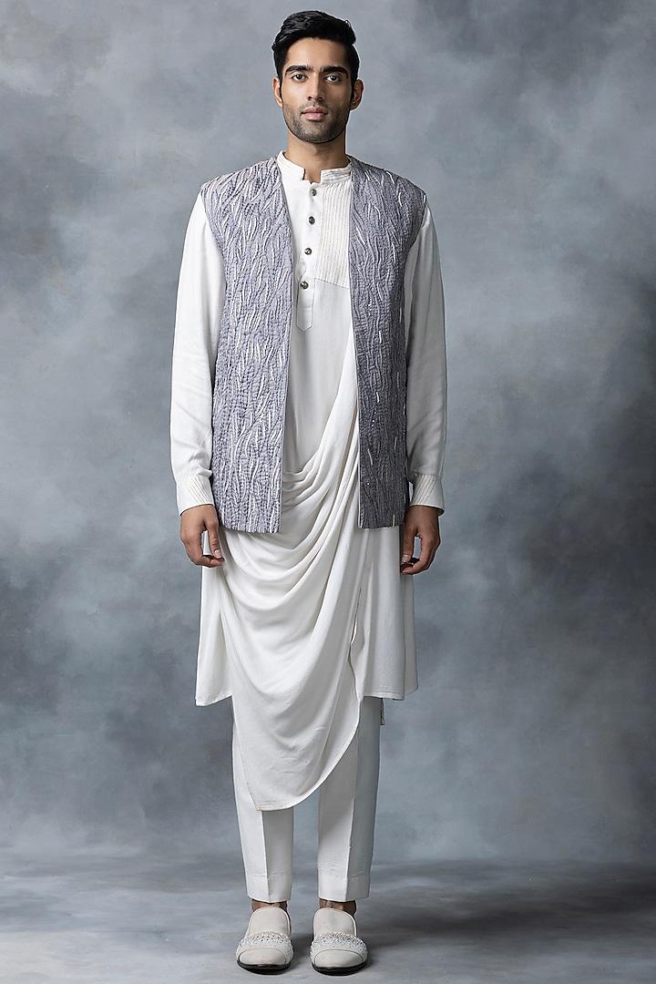 Grey Organza & Moss Crepe Thread Embroidered Waistcoat Set by Sarab Khanijou