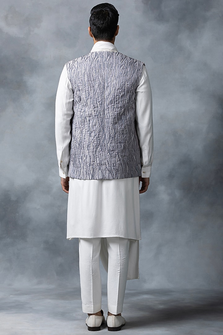 Grey Organza & Moss Crepe Thread Embroidered Nehru Jacket Set by Sarab Khanijou at Pernia's Pop Up Shop
