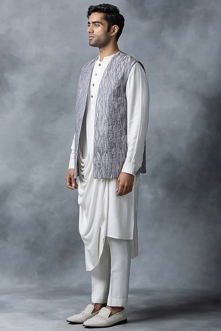 Grey Organza & Moss Crepe Thread Embroidered Nehru Jacket Set by Sarab Khanijou at Pernia's Pop Up Shop