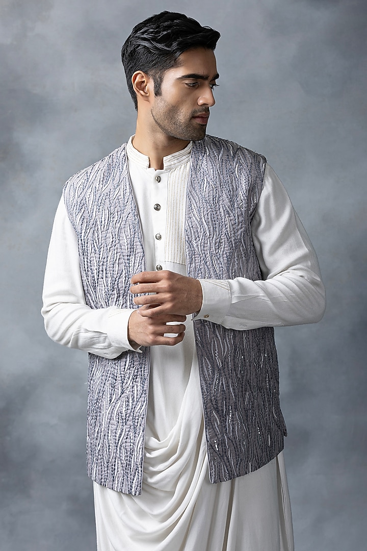 Grey Organza & Moss Crepe Thread Embroidered Nehru Jacket Set by Sarab Khanijou at Pernia's Pop Up Shop