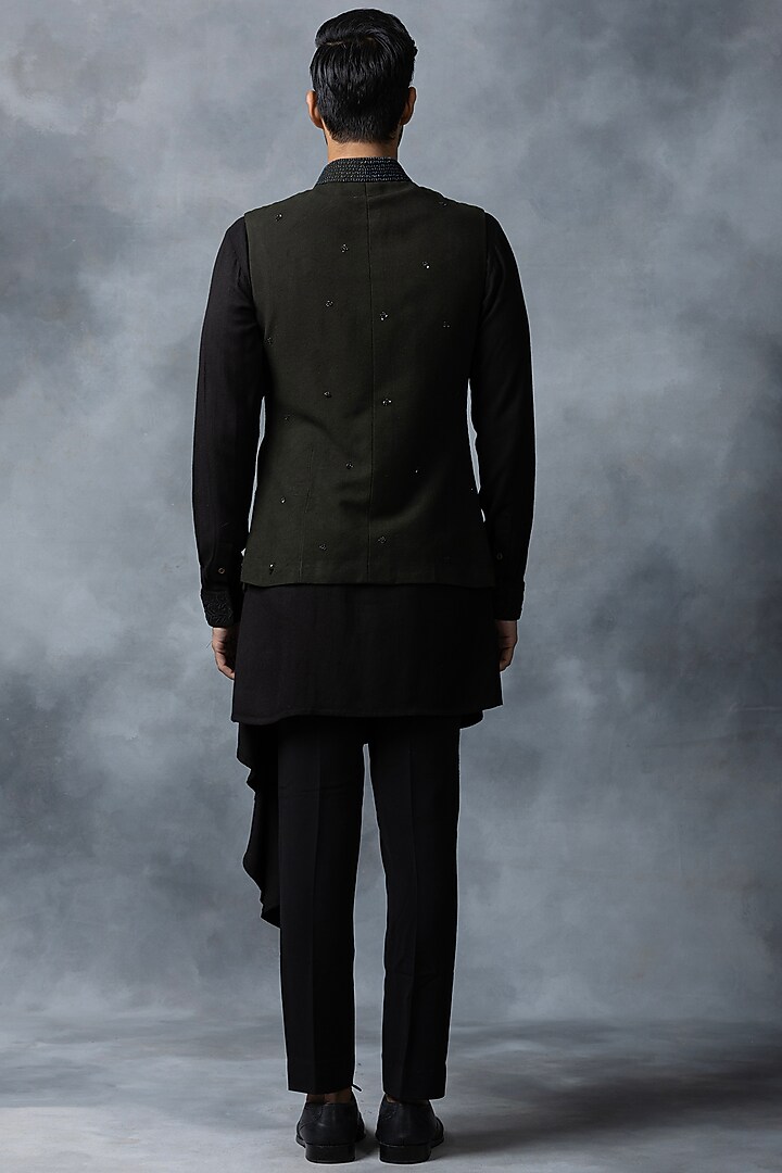 Dark Green Raw Silk & Crepe Embroidered Nehru Set by Sarab Khanijou at Pernia's Pop Up Shop