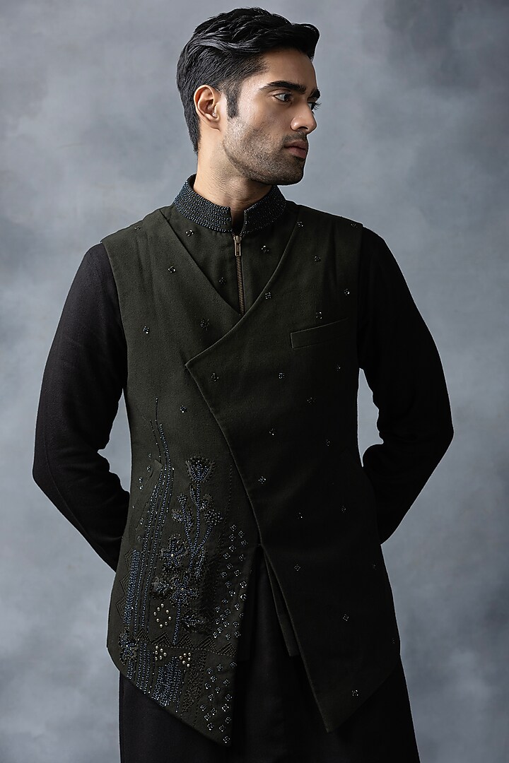 Dark Green Raw Silk & Crepe Embroidered Nehru Set by Sarab Khanijou at Pernia's Pop Up Shop