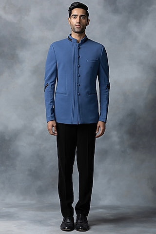 Blue Jersey Bandhgala Set by Sarab Khanijou