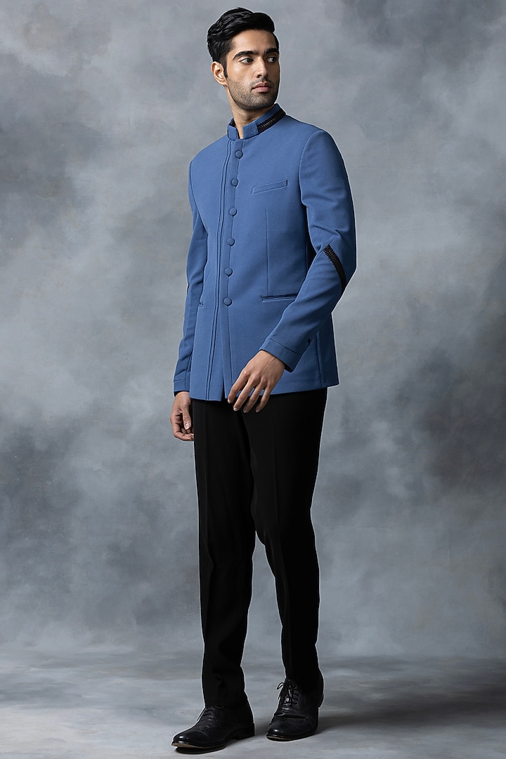 Blue Jersey Wedding Bandhgala Set by Sarab Khanijou at Pernia's Pop Up Shop