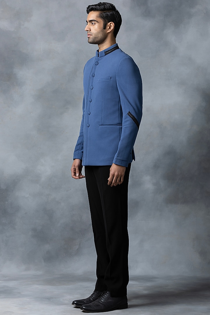 Blue Jersey Wedding Bandhgala Set by Sarab Khanijou at Pernia's Pop Up Shop