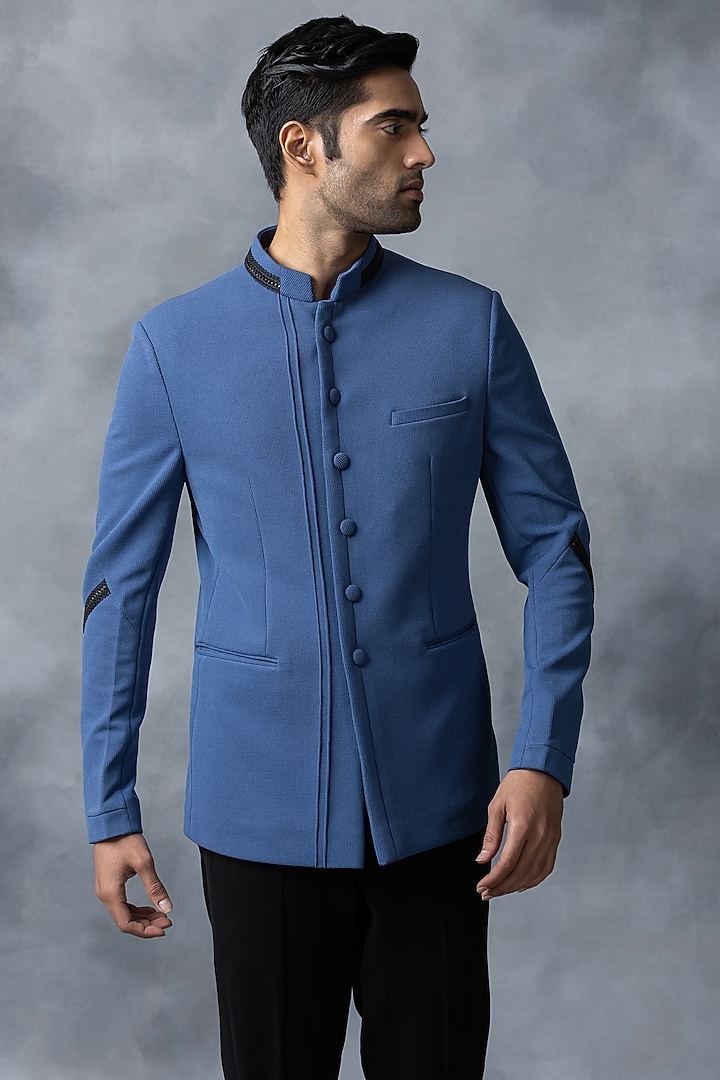 Blue Jersey Wedding Bandhgala Set by Sarab Khanijou at Pernia's Pop Up Shop