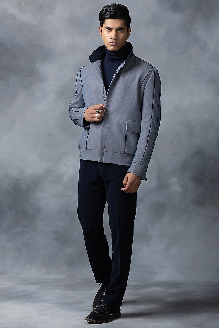 Grey Cotton & Jersey Bomber Jacket by Sarab Khanijou at Pernia's Pop Up Shop
